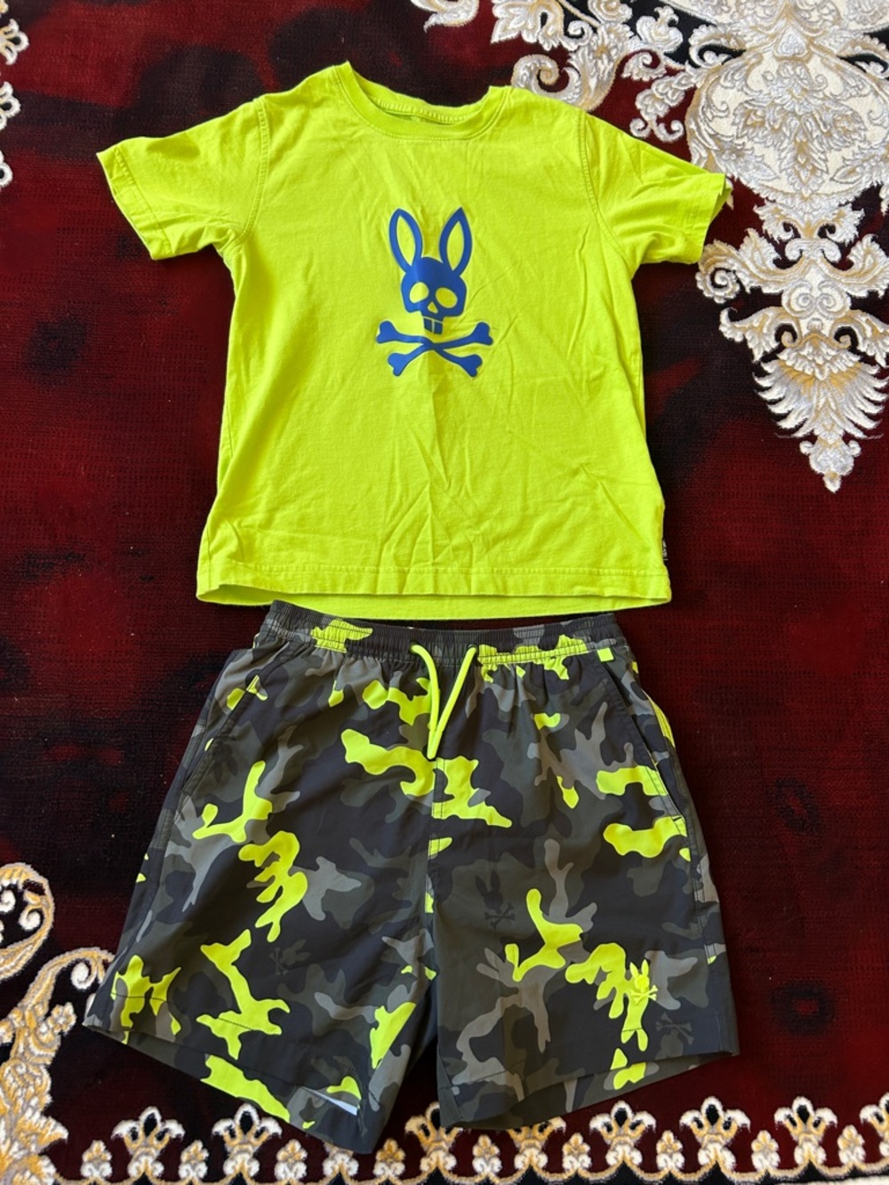 Psycho Bunny Neon Yellow Tee and Gray Camo Swim Shorts Set